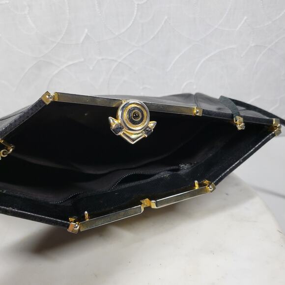 Vintage Judith Lieber Hinged Snakeskin Clutch Black Strap Art Deco Evening Bag - Picture 4 of 16
